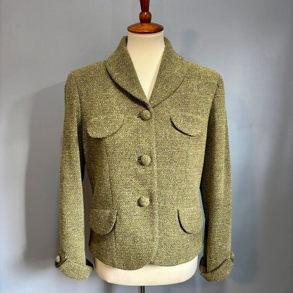 Vintage Fall Green Tweed Blazer w/Funky Floral Print Liner, Size 8P - Picture 2 of 6